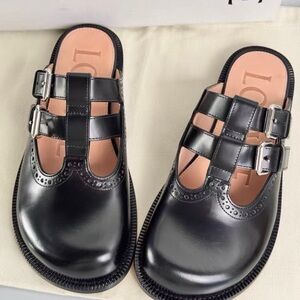 Loewe Black Leather Buckle Clog Mules